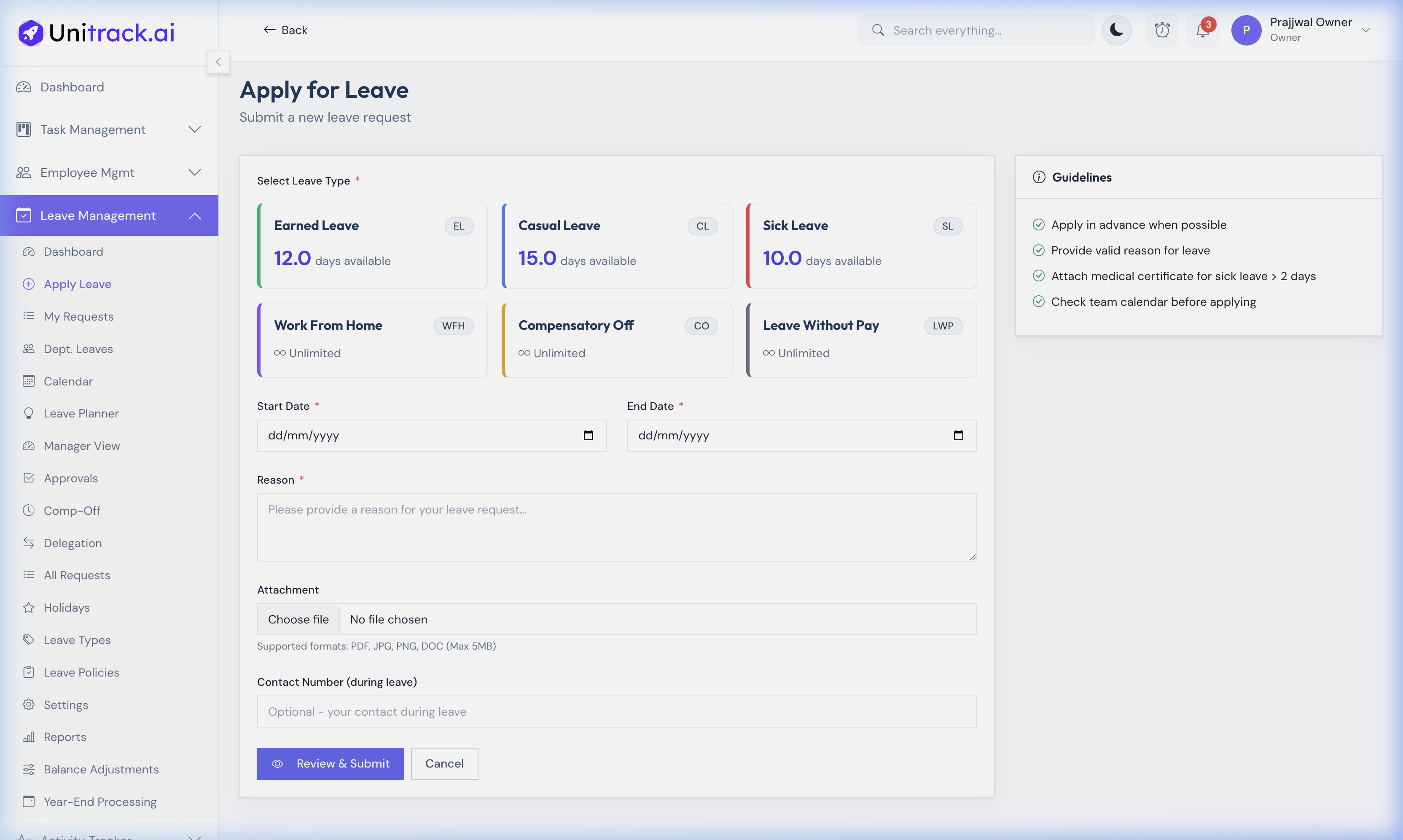 Apply Leave Page